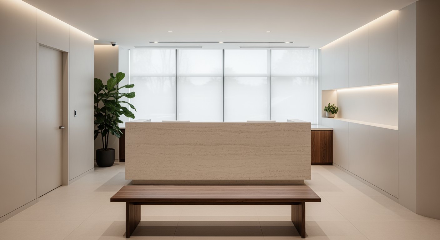Reception area of a modern med spa — stone counter, walnut bench and soft daylight